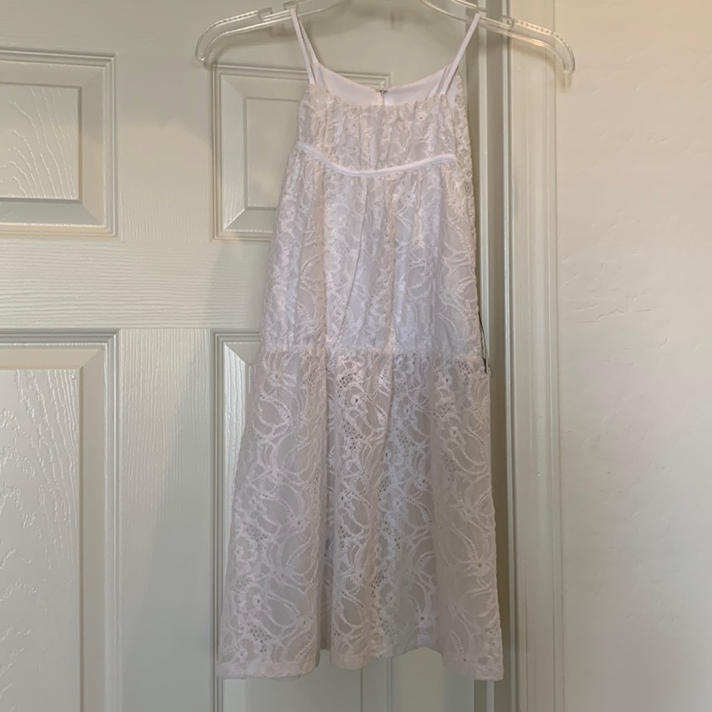 BCBG MAXAZARIA juniors white lace spaghetti strap top Bottom half is see thru